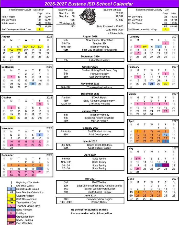 Eustace ISD 2026–2027 academic calendar