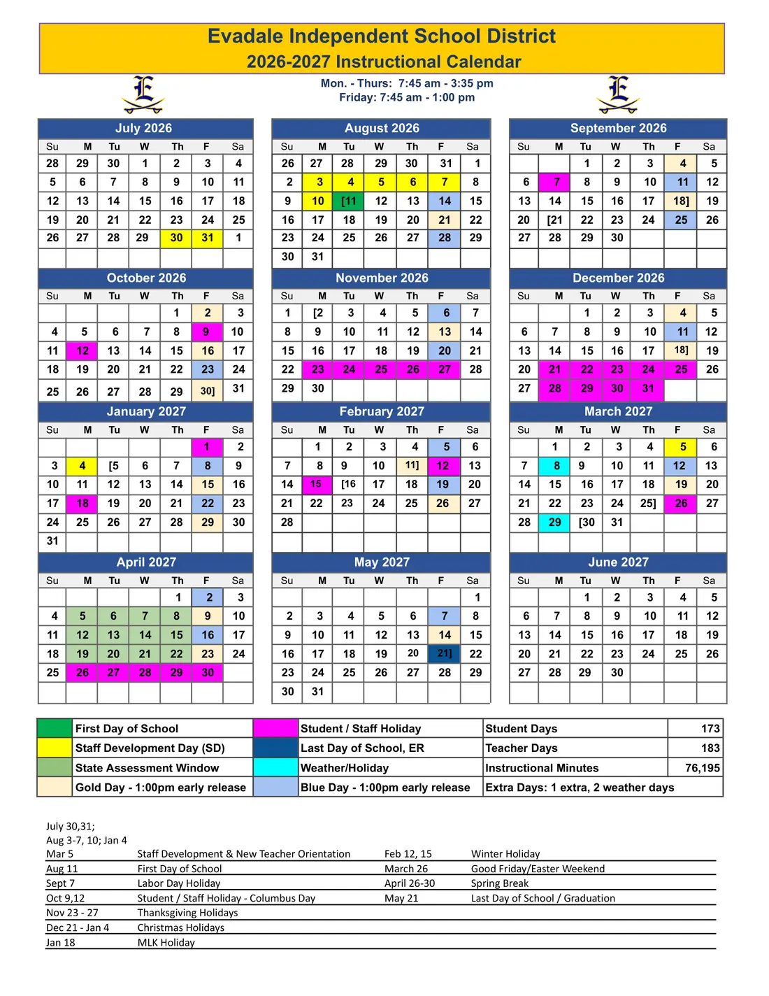 Evadale ISD 2026–2027 academic calendar