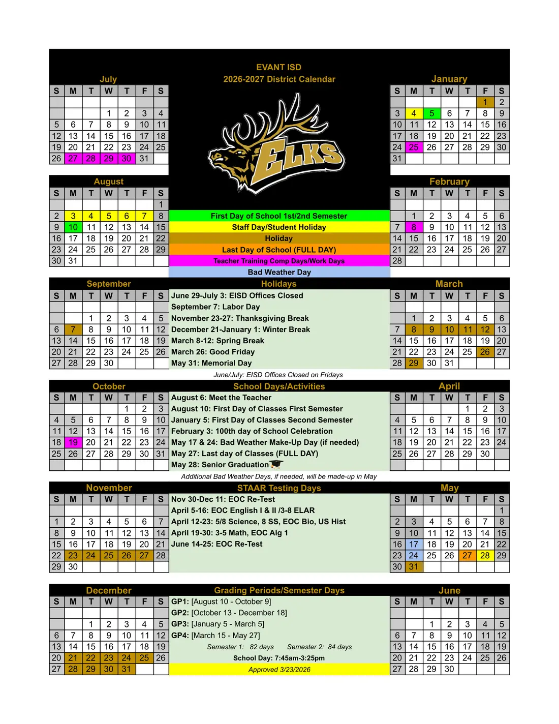 Evant ISD 2026–2027 academic calendar