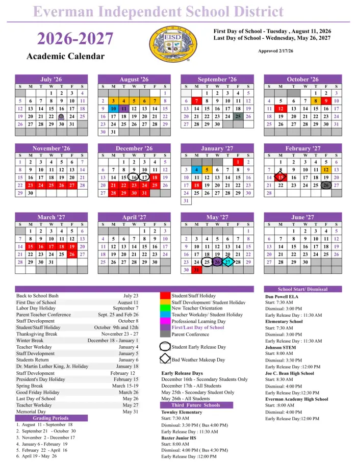 Everman ISD 2026–2027 academic calendar