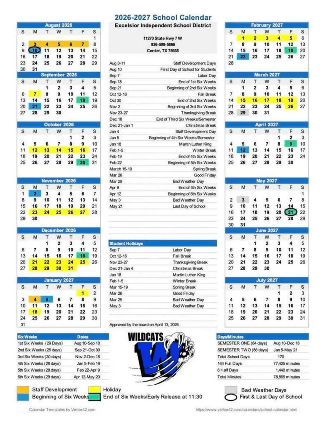 Excelsior ISD 2026–2027 academic calendar