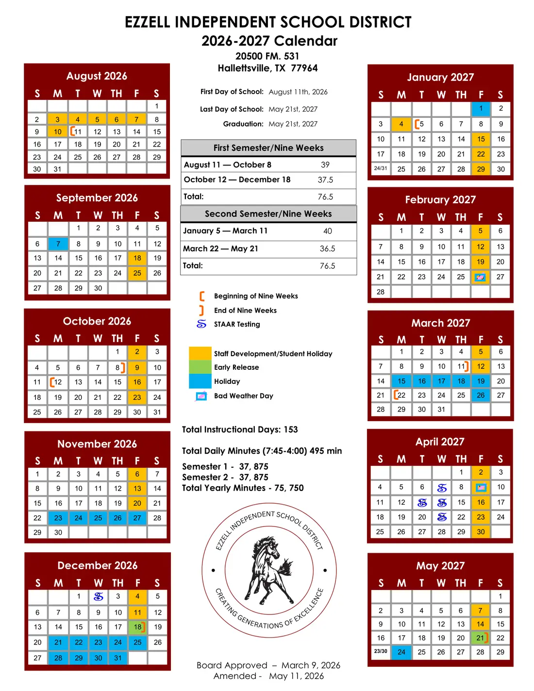 Ezzell ISD 2026–2027 academic calendar