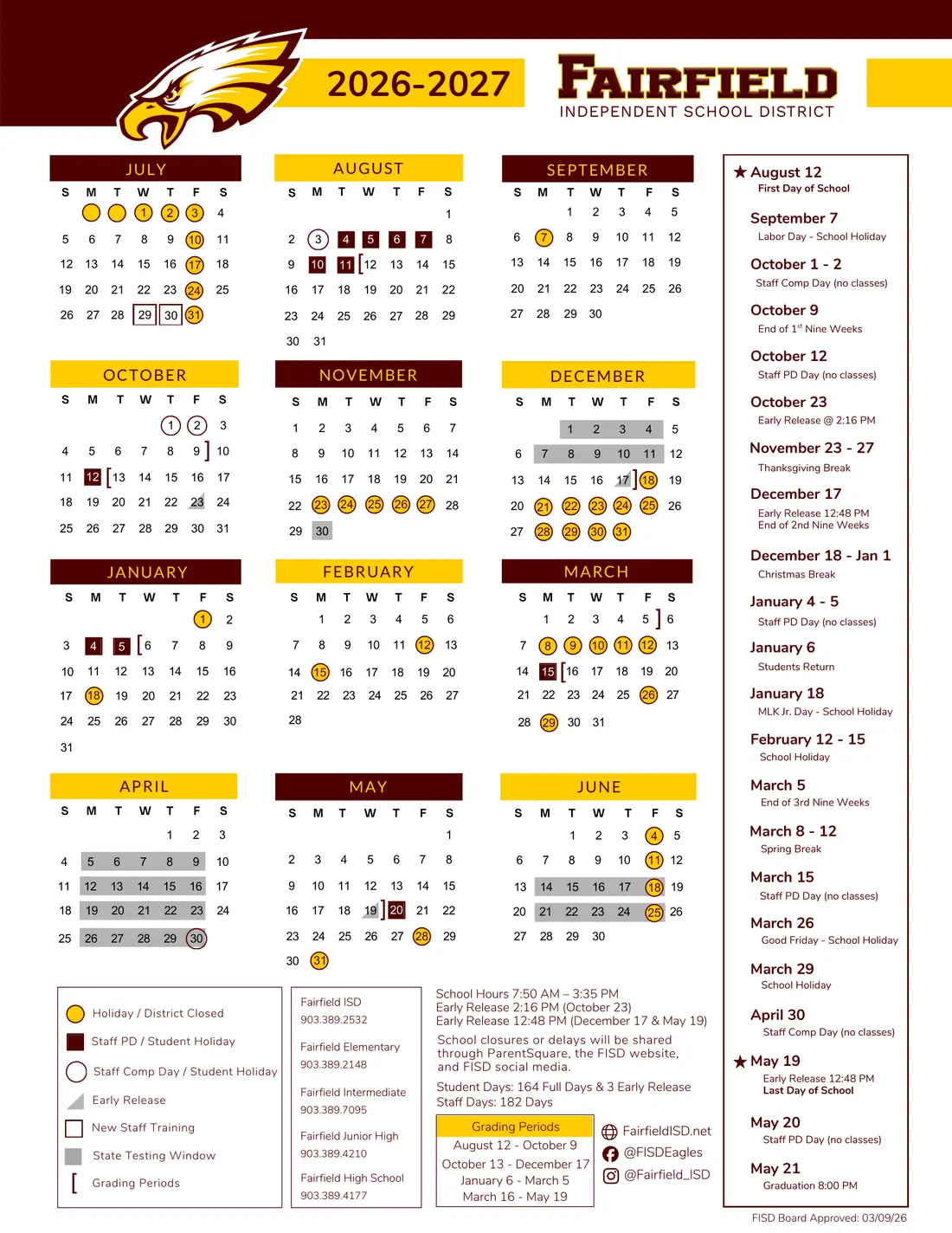 Fairfield ISD 2026–2027 academic calendar