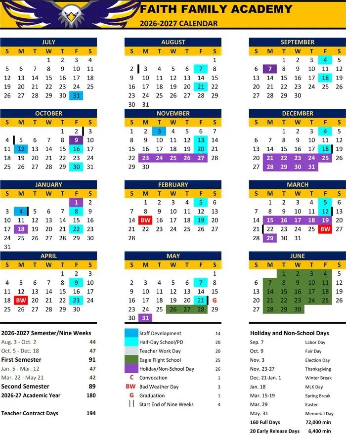 Faith Family Academy 2026–2027 academic calendar