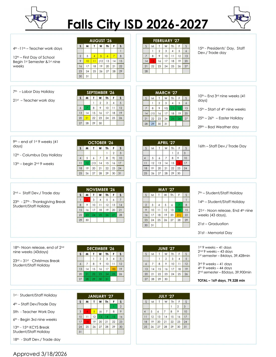 Falls City ISD 2026–2027 academic calendar