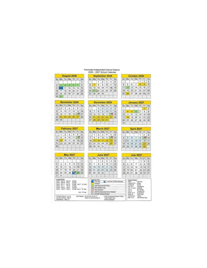 Fannindel ISD 2026–2027 academic calendar