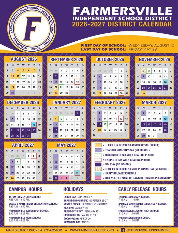 Farmersville ISD 2026–2027 academic calendar