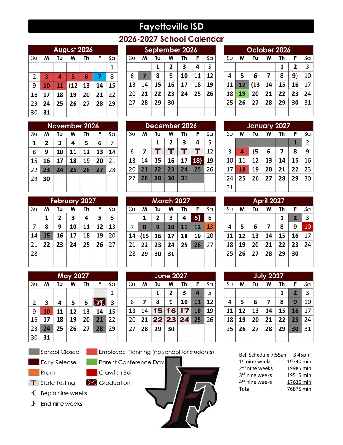 Fayetteville ISD 2026–2027 academic calendar
