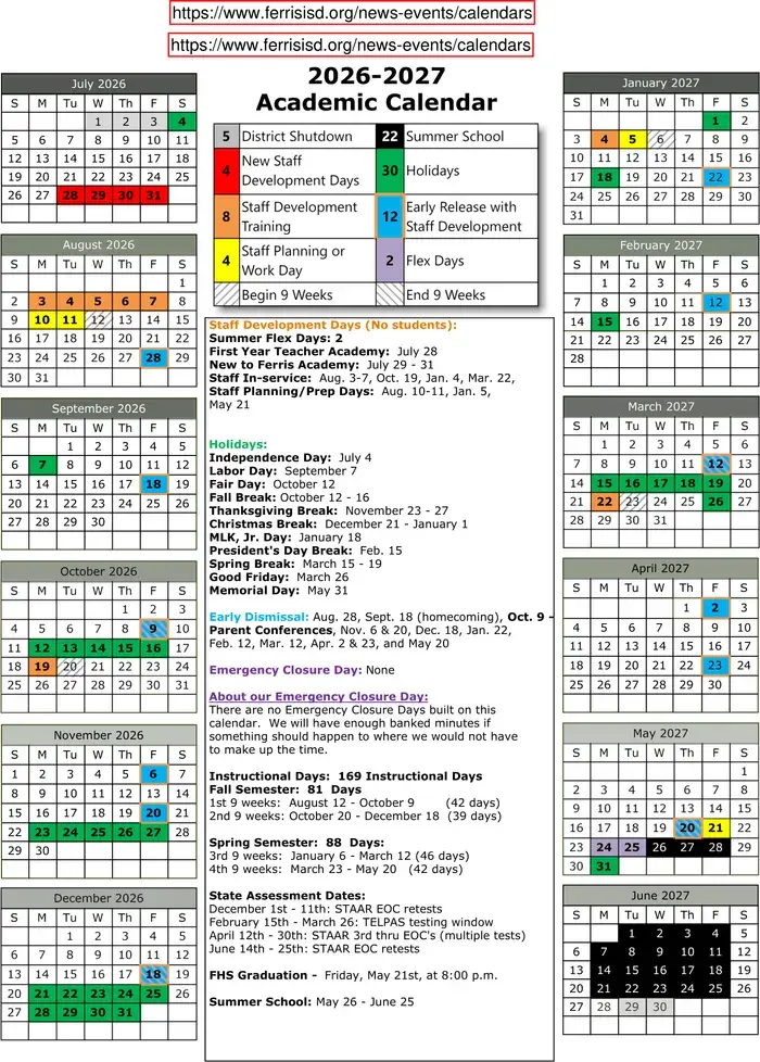 Ferris ISD 2026–2027 academic calendar