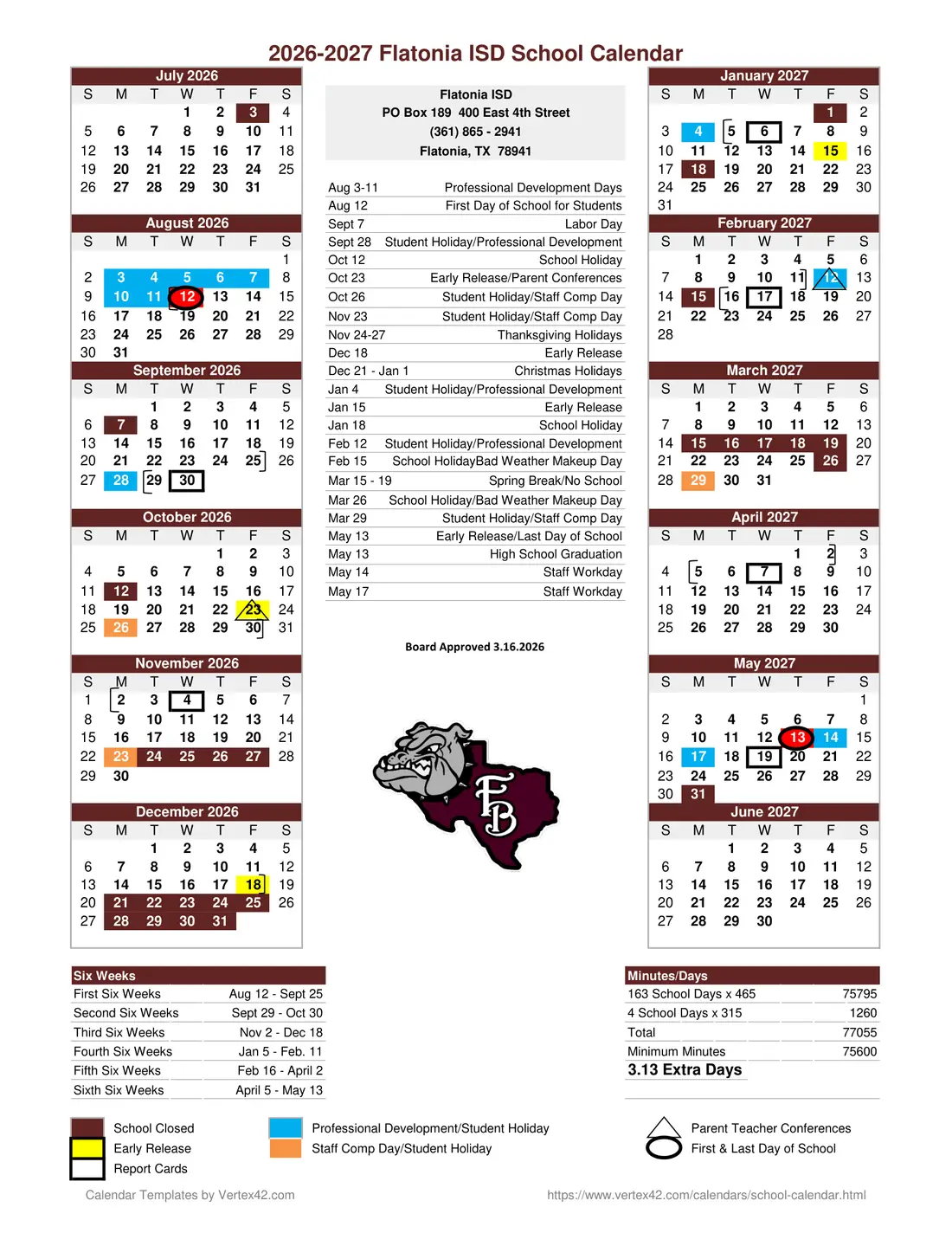 Flatonia ISD 2026–2027 academic calendar