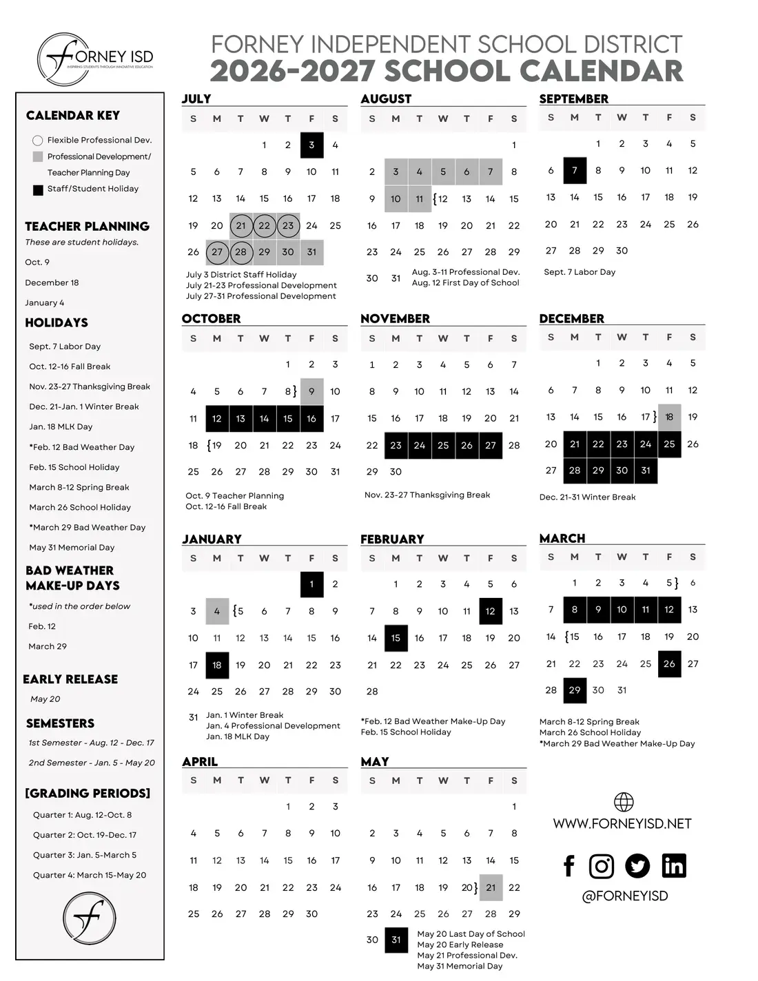 Forney ISD 2026–2027 academic calendar