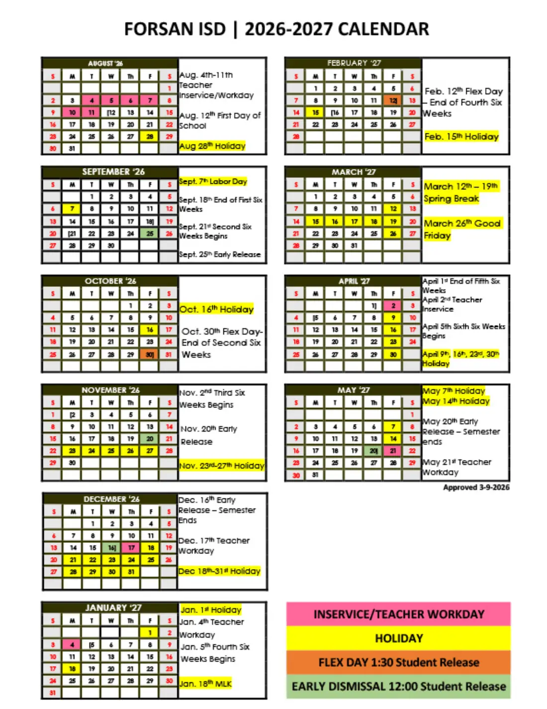 Forsan ISD 2026–2027 academic calendar