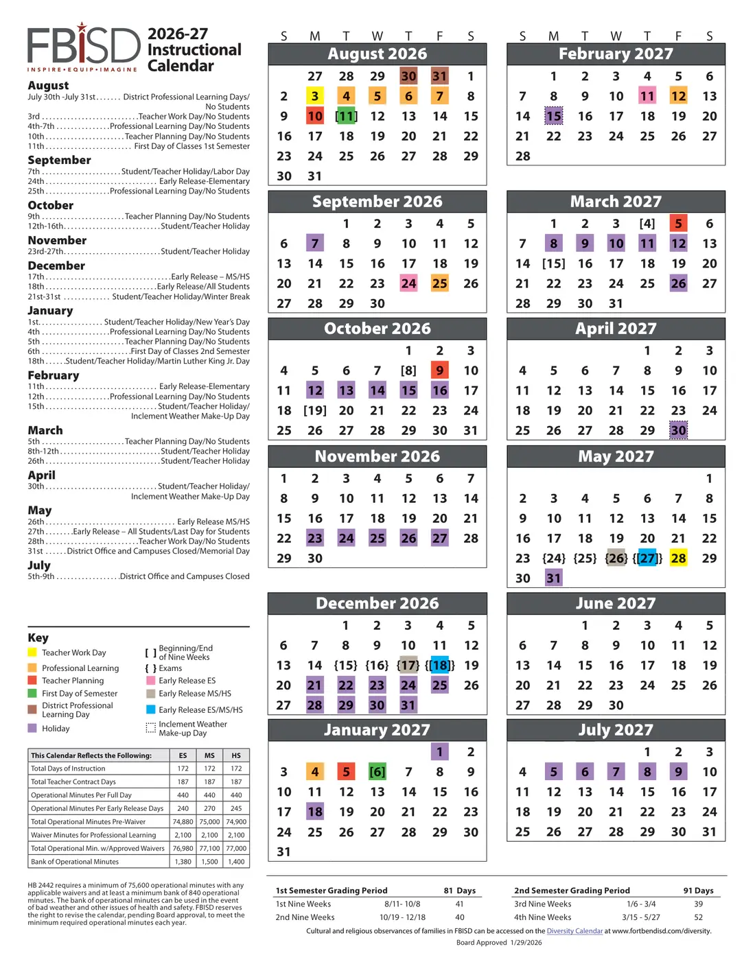 Fort Bend ISD 2026–2027 academic calendar