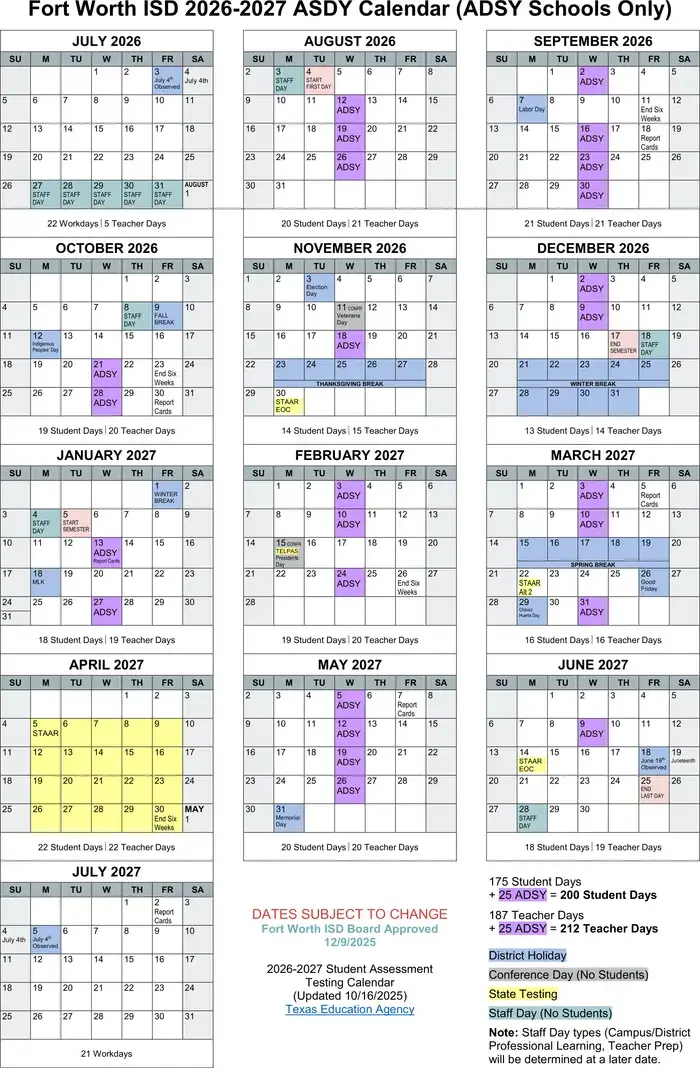 Fort Worth ISD 2026–2027 academic calendar