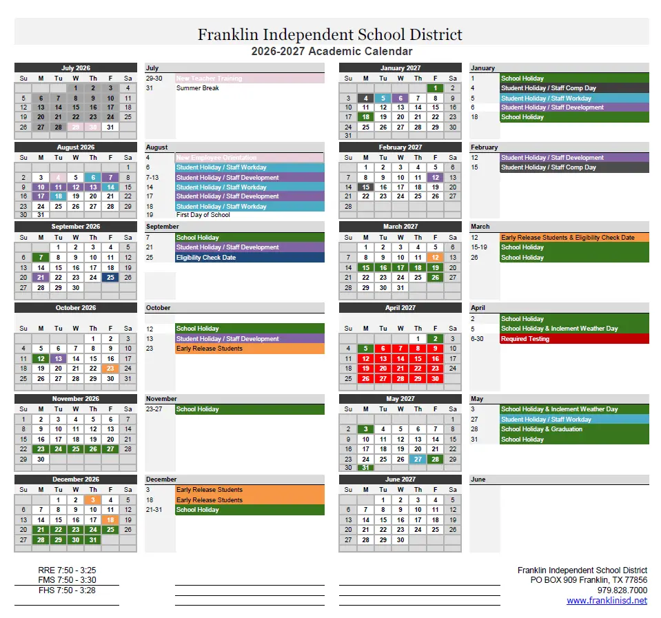 Franklin ISD 2026–2027 academic calendar