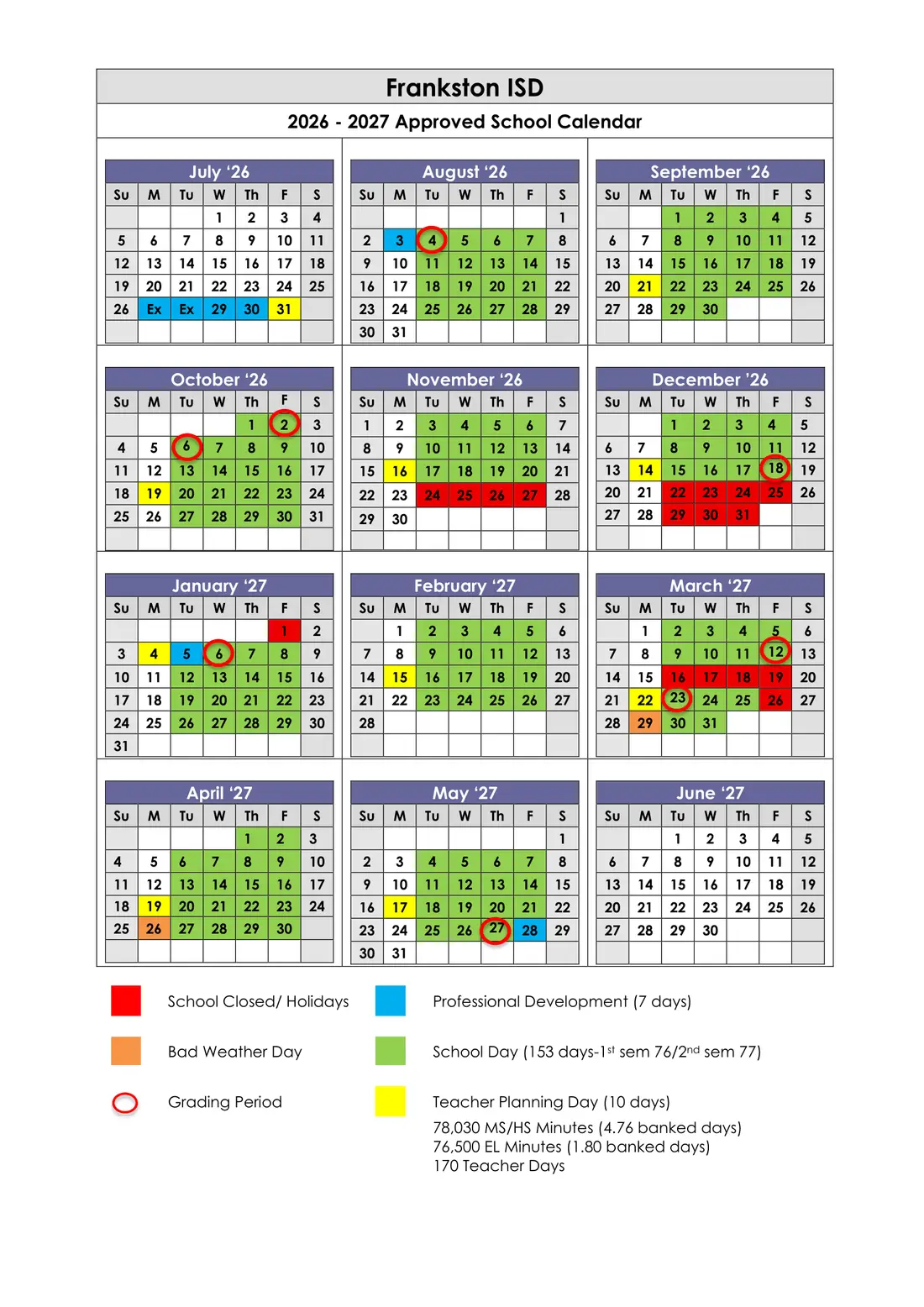 Frankston ISD 2026–2027 academic calendar