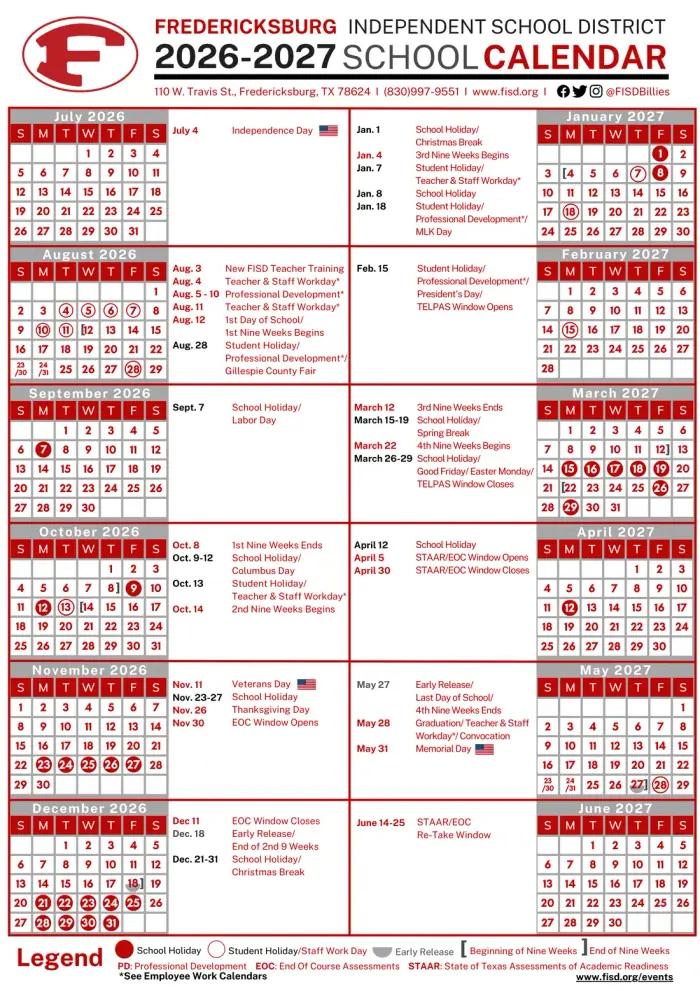 Fredericksburg ISD 2026–2027 academic calendar