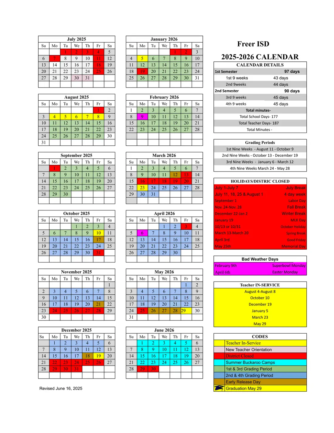 Freer ISD 2026–2027 academic calendar