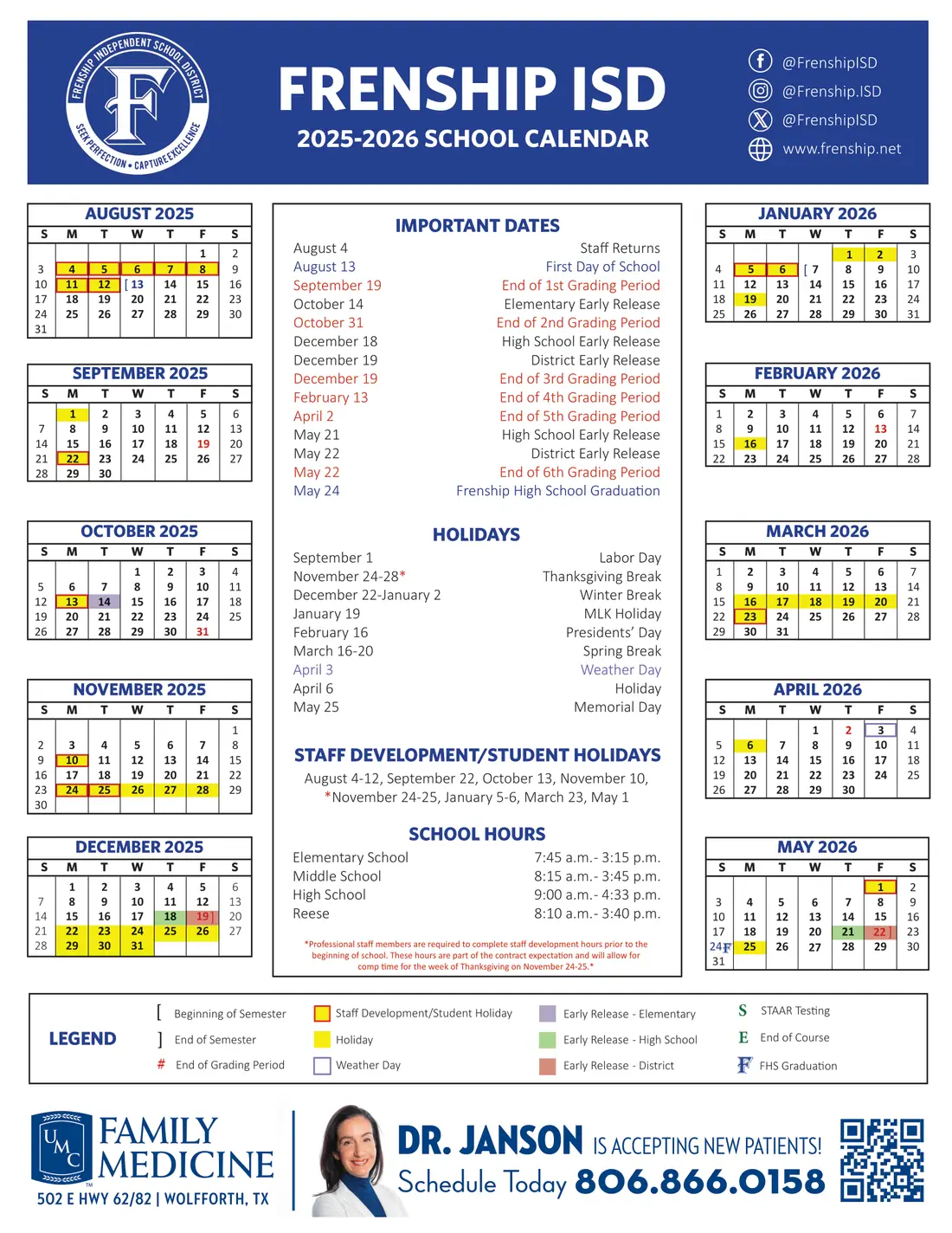 Frenship ISD 2026–2027 academic calendar