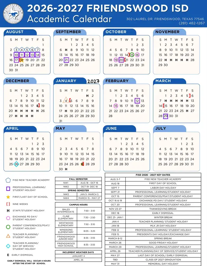 Friendswood ISD 2026–2027 academic calendar