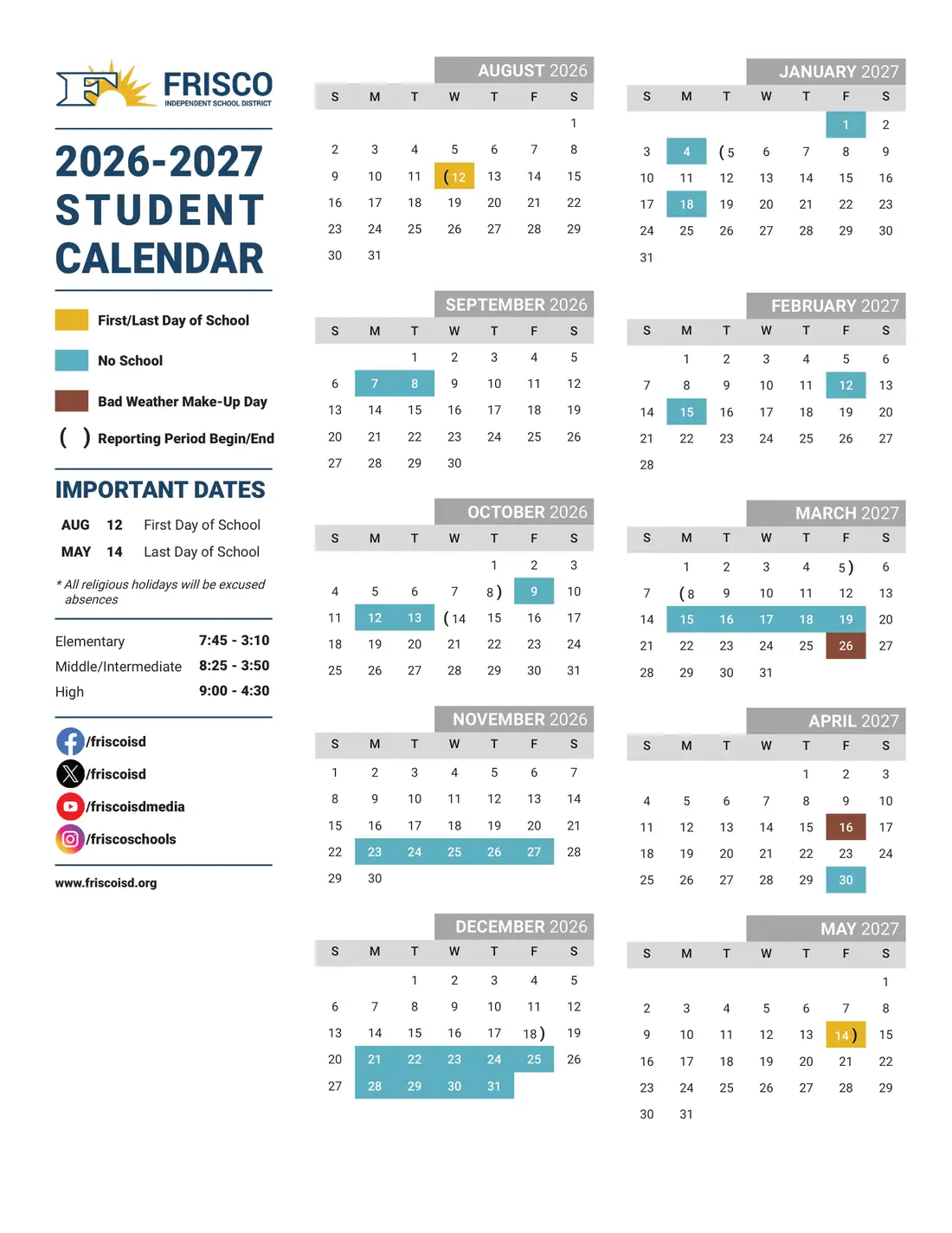 Frisco ISD 2026–2027 academic calendar