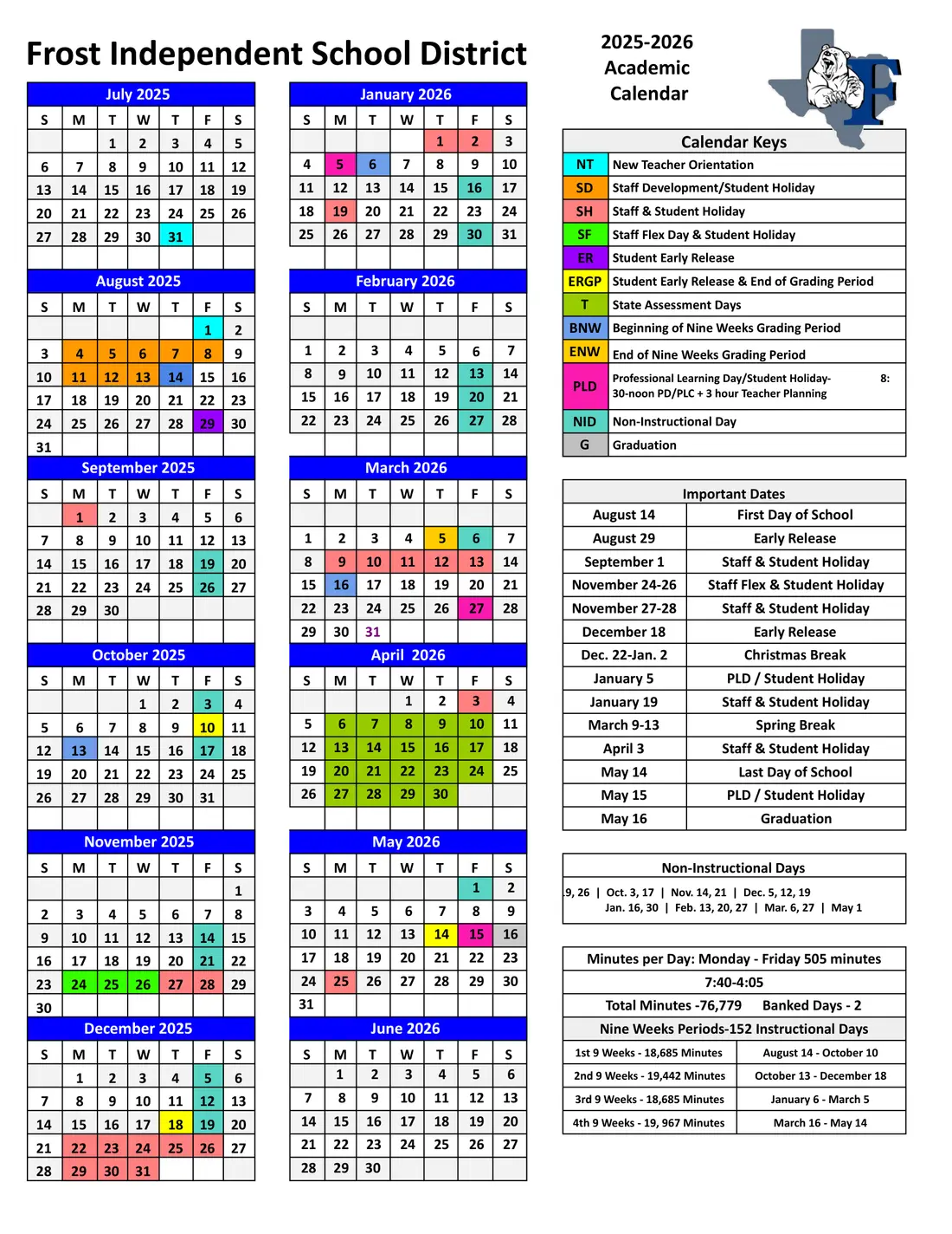 Frost ISD 2026–2027 academic calendar
