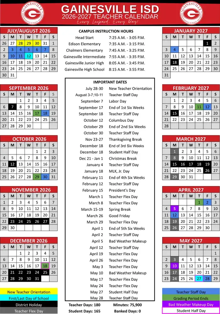 Gainesville ISD 2026–2027 academic calendar