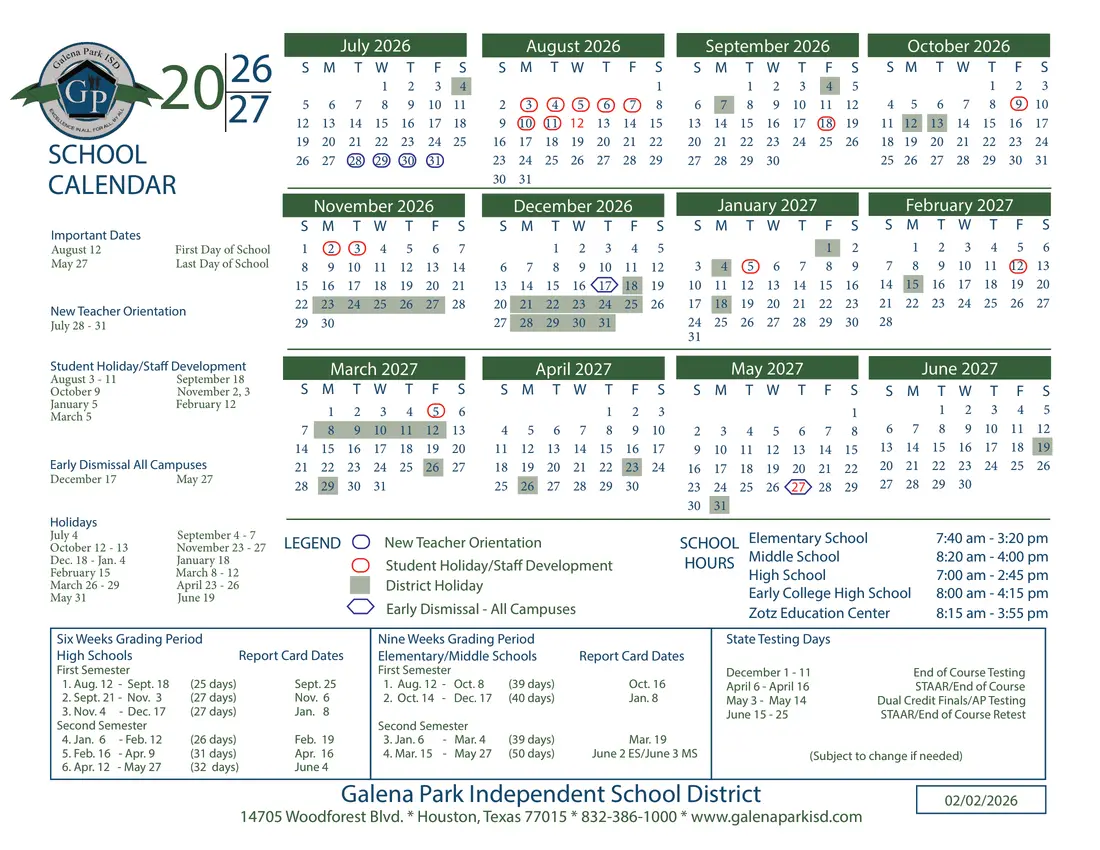 Galena Park ISD 2026–2027 academic calendar