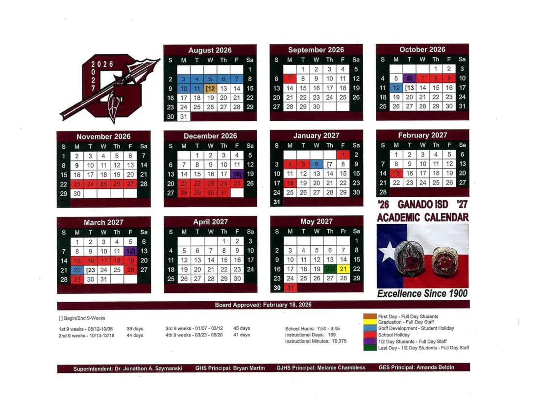 Ganado ISD 2026–2027 academic calendar