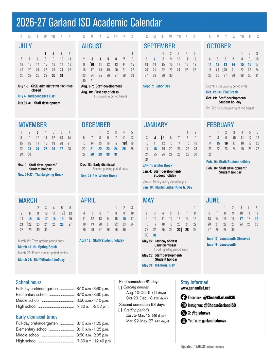 Garland ISD 2026–2027 academic calendar