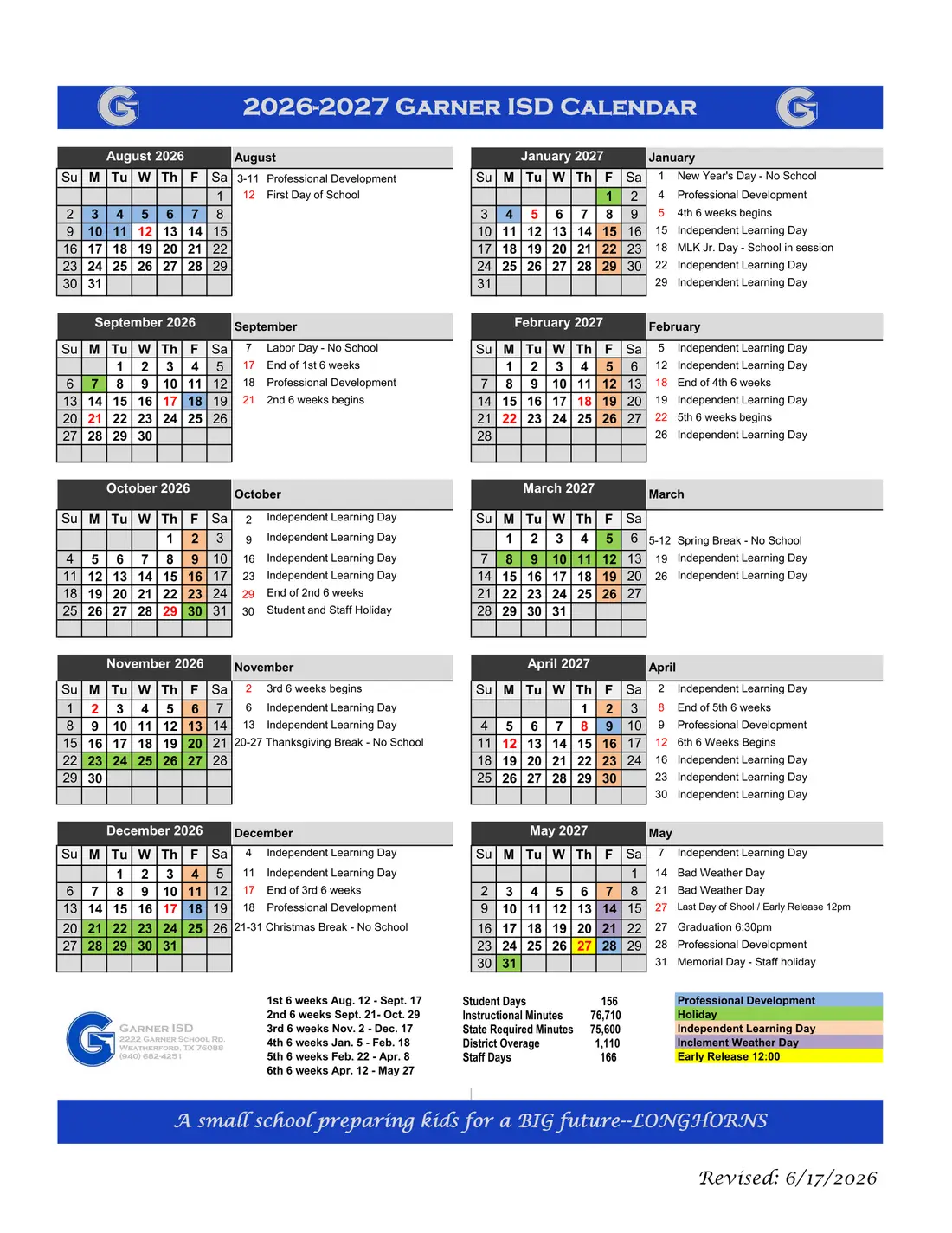 Garner ISD 2026–2027 academic calendar