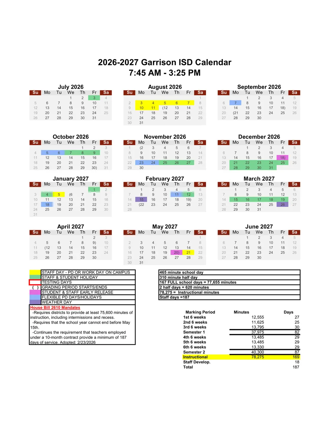 Garrison ISD 2026–2027 academic calendar