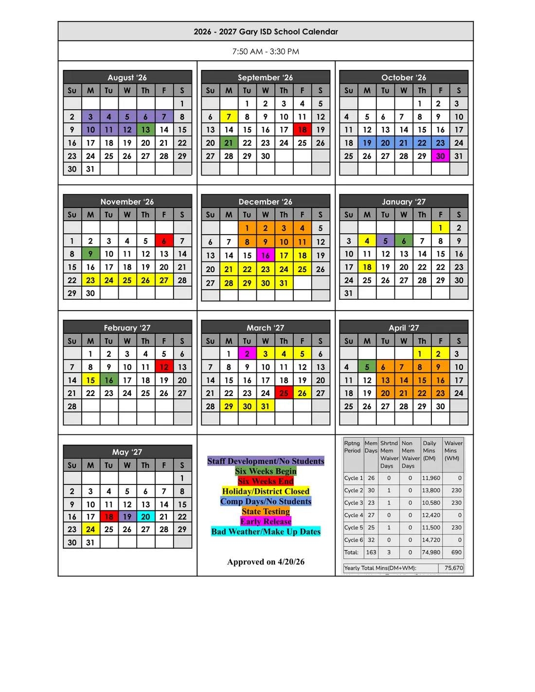 Gary ISD 2026–2027 academic calendar