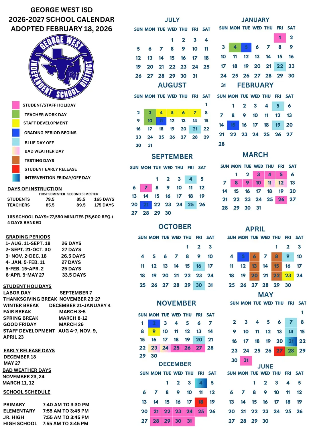 George West ISD 2026–2027 academic calendar