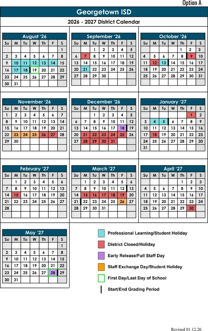 Georgetown ISD 2026–2027 academic calendar