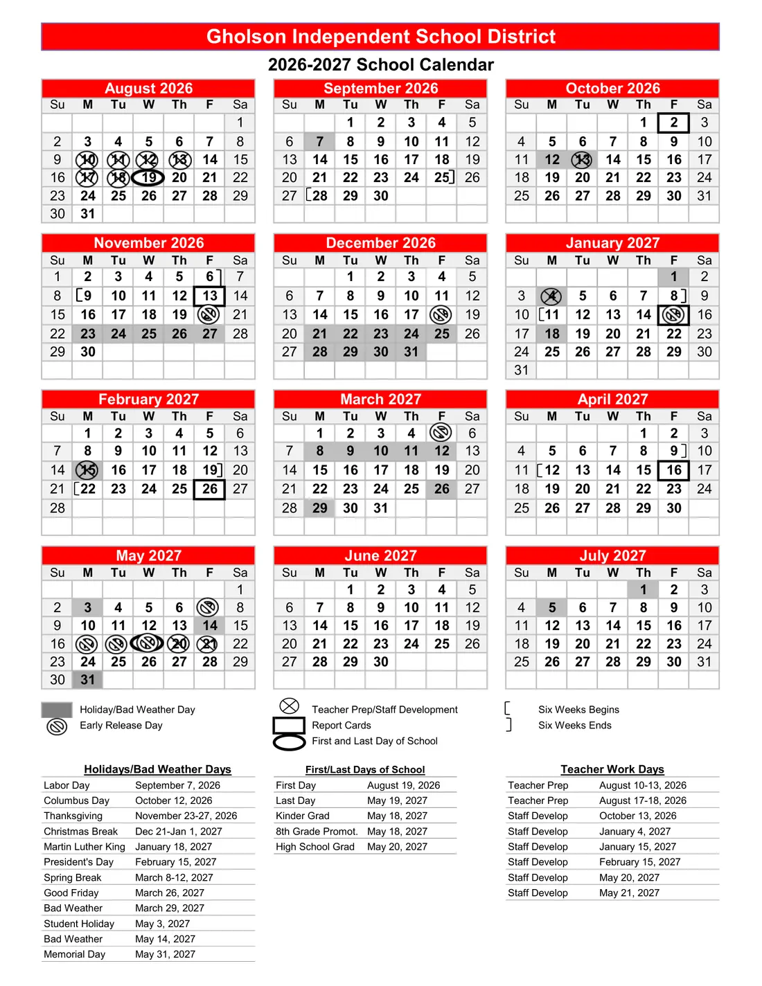 Gholson ISD 2026–2027 academic calendar