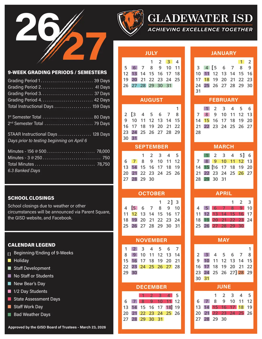 Gladewater ISD 2026–2027 academic calendar