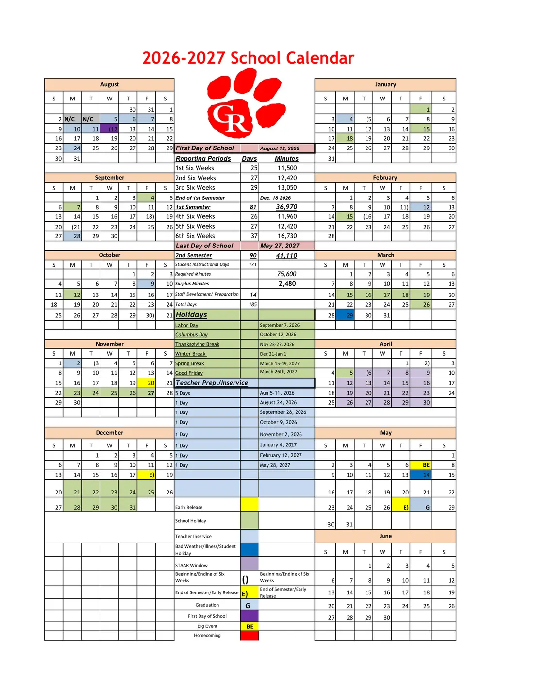 Glen Rose ISD 2026–2027 academic calendar