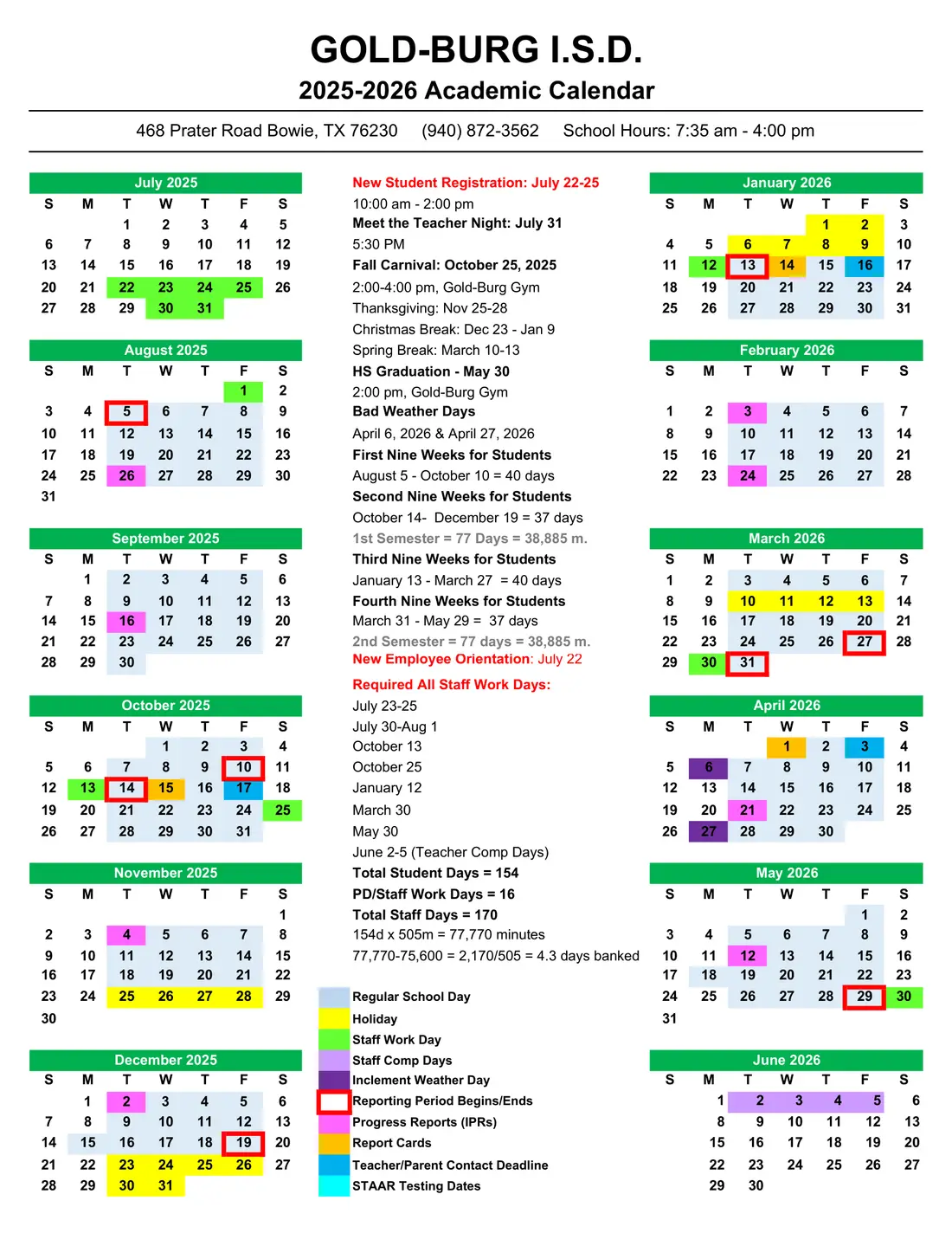 Gold Burg ISD 2026–2027 academic calendar