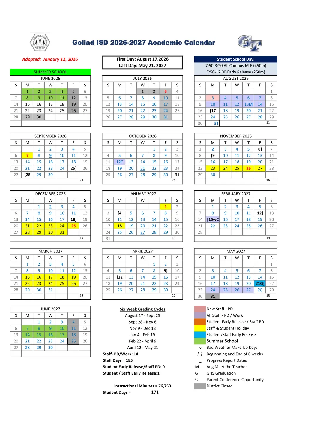 Goliad ISD 2026–2027 academic calendar