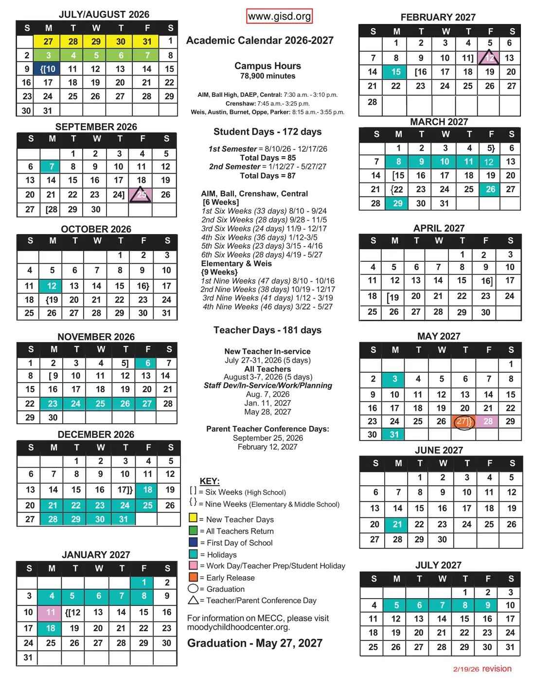 Gonzales ISD 2026–2027 academic calendar