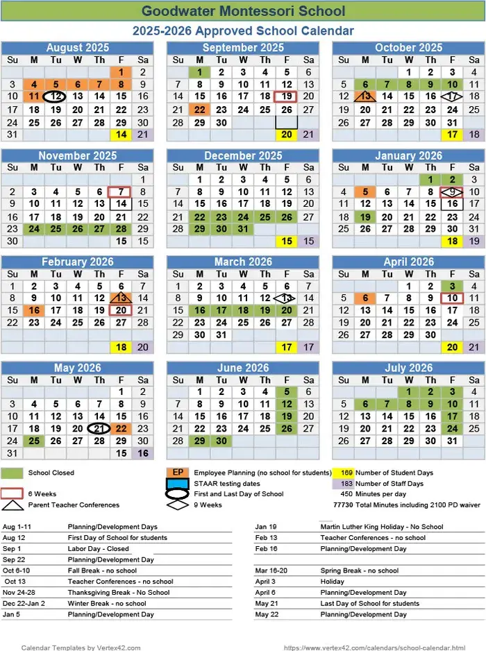 Goodwater Montessori School 2026–2027 academic calendar