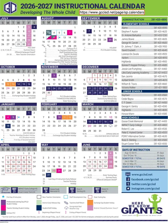 Goose Creek CISD 2026–2027 academic calendar