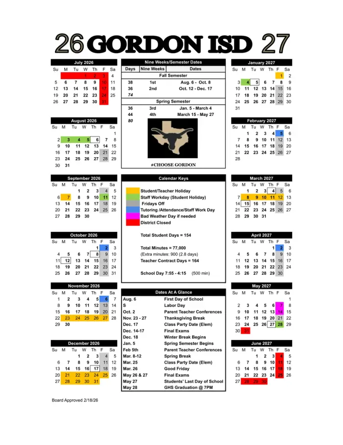 Gordon ISD 2026–2027 academic calendar