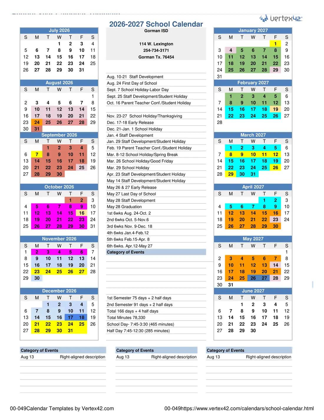 Gorman ISD 2026–2027 academic calendar