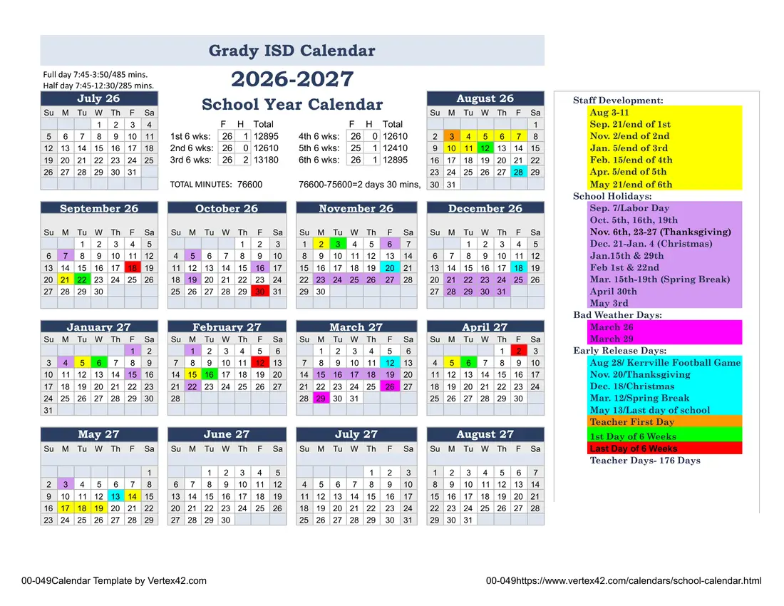 Grady ISD 2026–2027 academic calendar