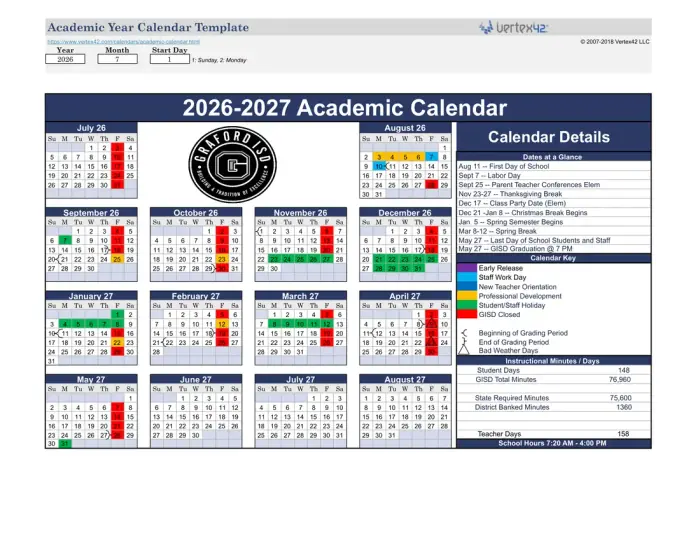 Graford ISD 2026–2027 academic calendar