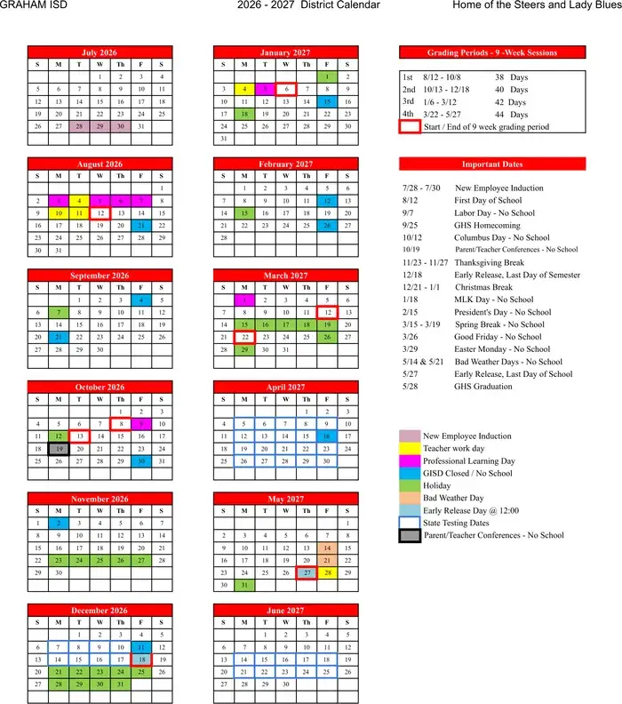 Graham ISD 2026–2027 academic calendar