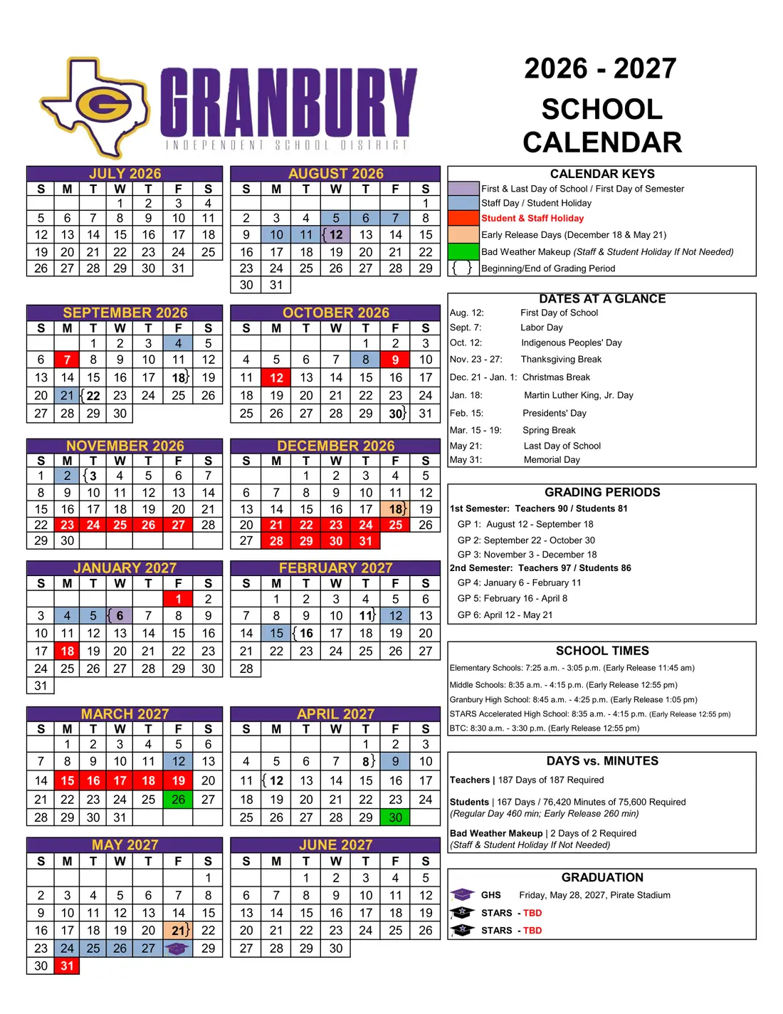Granbury ISD 2026–2027 academic calendar