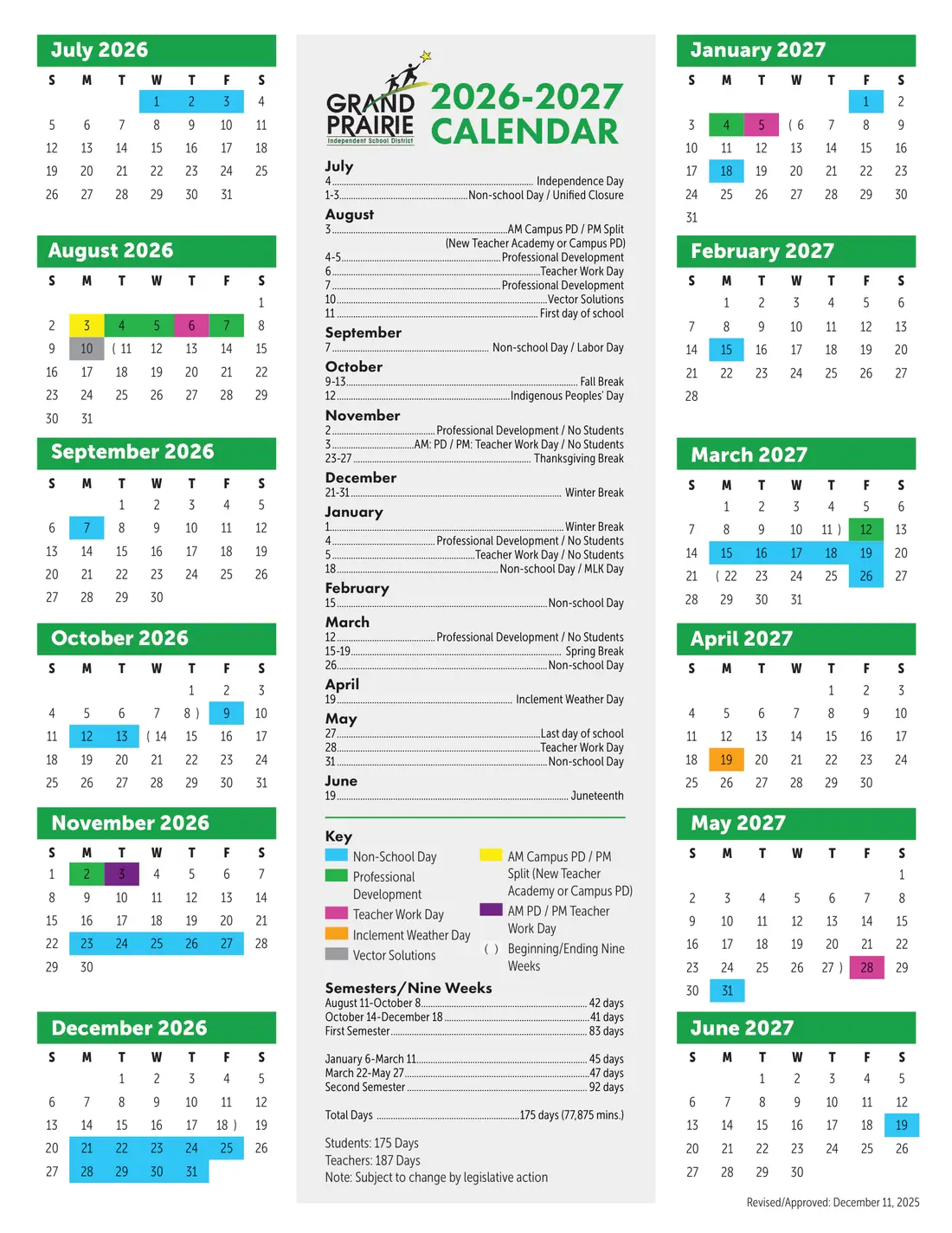 Grand Prairie ISD 2026–2027 academic calendar